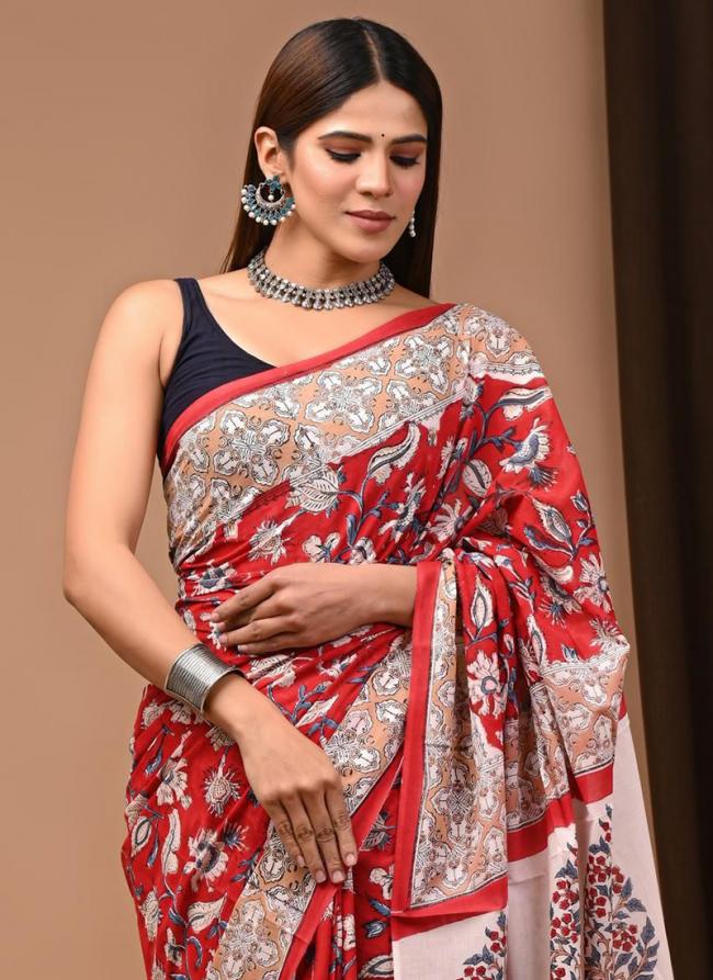 Cotton Red Casual Wear Printed Saree